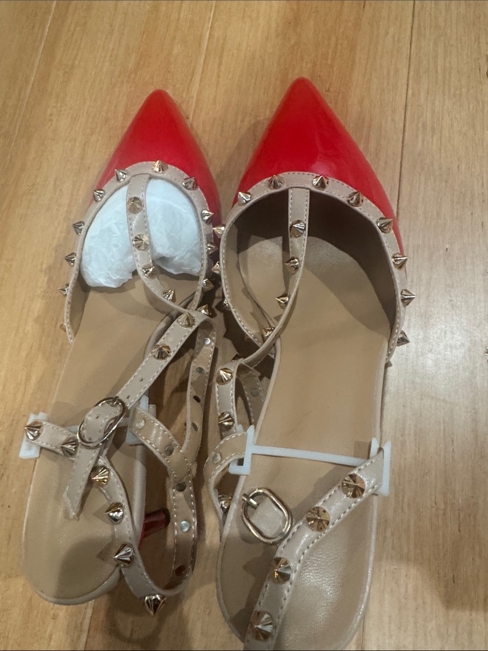 Studded Red Pointed T-Strap Flats with Beige Trim
